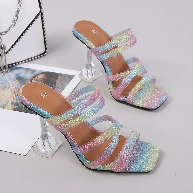 

Women Summer Sexy Crystal Wear Slippers Large Size 35-46 Women Slippers Square Head Candy Color Horizontal Slippers