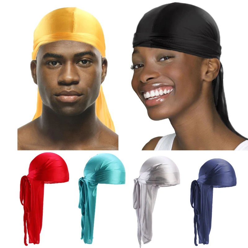 

Satin men Stretchy Cap Hip Hop Du Doo Rag Durag Wigs Turban Bandana Headwear Solid Color long Hat Tie Down tail Hair Accessories
