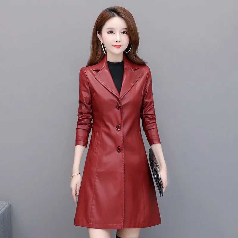 

Han edition of autumn new fund fashion show thin waist temperament receive leather jacket leather female long