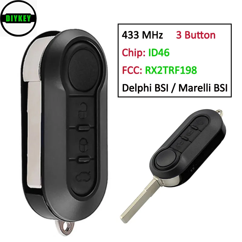 

DIYKEY 433MHz ID46 Chip RX2TRF198 Flip Remote Car Key Fob 3 Button for Fiat 500L MPV Ducato for Citroen Jumper for Peugeot Boxer