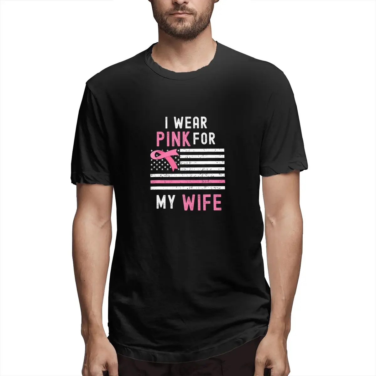 

I Wear Pink For My Wife Breast Cancer Awareness Ri Graphic Tee Men's Short Sleeve T-shirt Funny Tops
