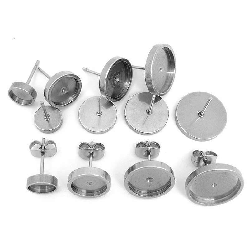 

20pcs Stainless Steel Blank Earring Base Cabochon Bezel Cameo Base Flat Earring Setting Jewelry Making Findings with Ear Plug