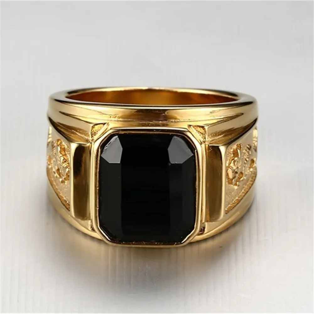 Vintage Fashion Gold/silver Color Big Red Black Green Blue Stone Square Gold Alloy Men Ring Engraved Dragon Male Rings |