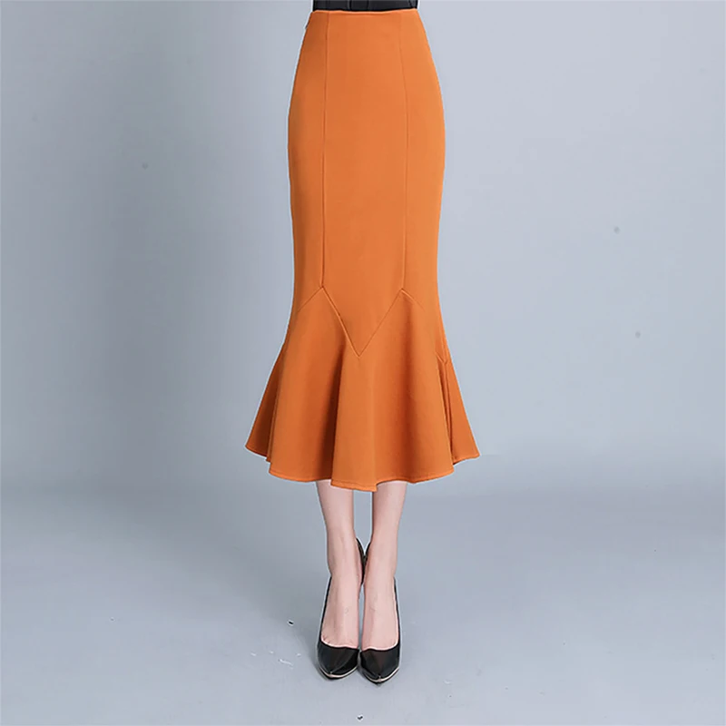 

Women Elegant Mermaid Mid Long Elastic Skirt Ladies High Waisted Autumn Winter Caramel Skirts Retro Wrapping Lotus Leaf Skirt