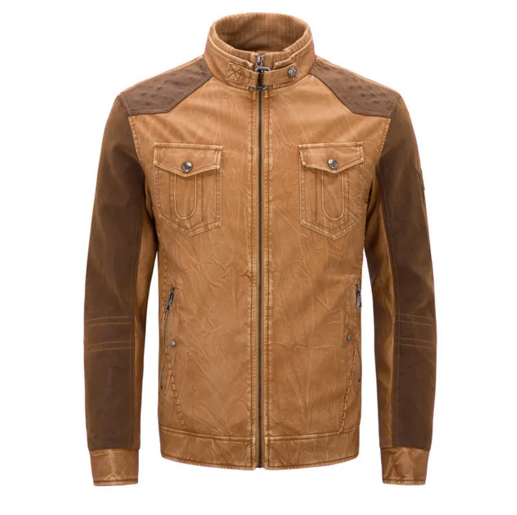 

Europe and America Men leather jackets High quality Patchwork Casual PU leather jackets coats chaqueta cuero hombre Black Khaki