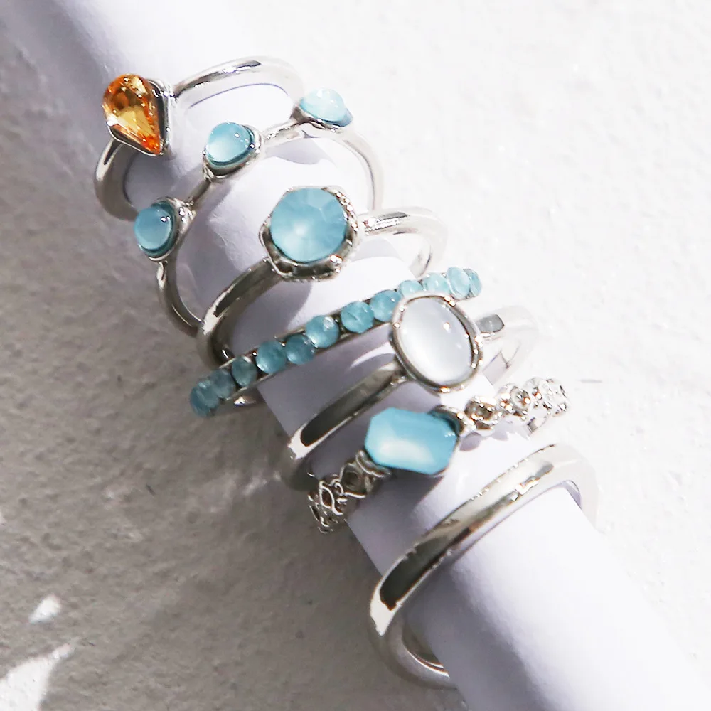 

Cute Woman rings korean fashion gothic accessories Cold Wind Inlaid Rhinestone 7-Piece Water Drop gold jewelry anillos mujer