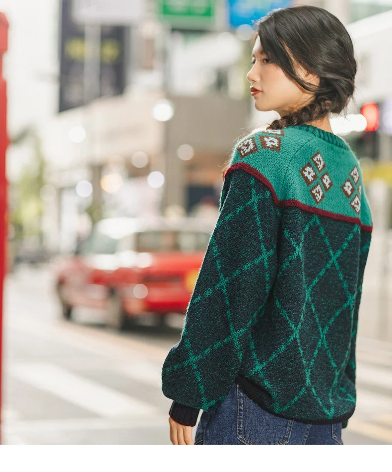 INMAN Winter New Arrival Literary O-neck Jacquard Contrast Color Thick Loose Women Pullover