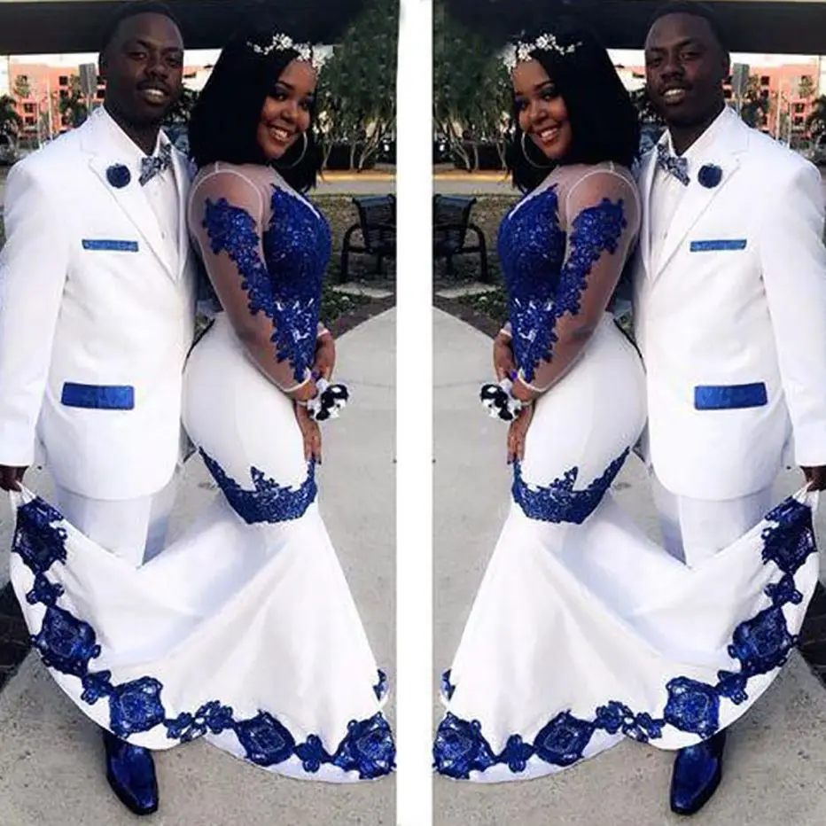 Вечернее атласное платье с длинными рукавами Aso Ebi белое королевское синее
