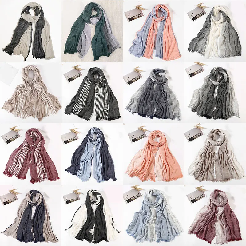 

2020 Wholesale Autumn Winter Scarf Men Women Warm Soft Tassel Stripe Woven Wrinkled Scarves Cotton Linen Casual Scarves Shawl