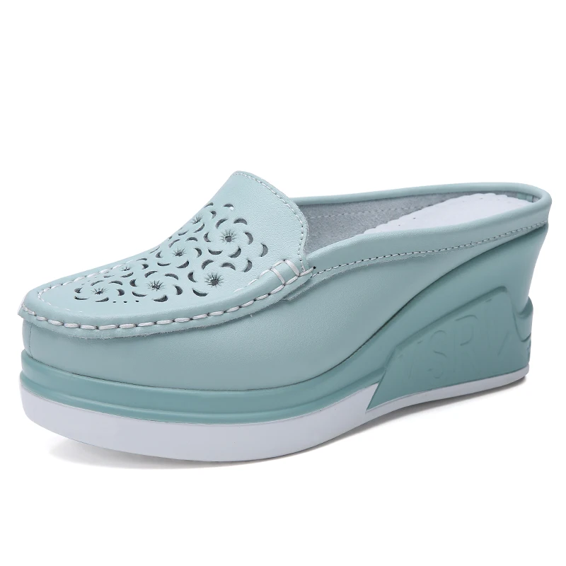 

Summer Women Platform Slipper Floral Flats Breathable Leather Casual Shoes Slip-on Comfortable Nurses Shoes Wedges Sandals