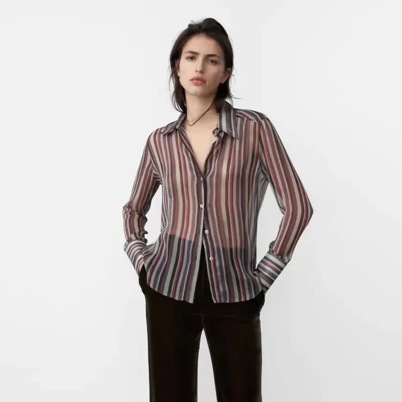 

Nlzgmsj ZBZA Women 2022 Fashion Spring Women Shirt Striped Print Long Sleeve Transparent Chiffon Shirt Tops Loose Shirt