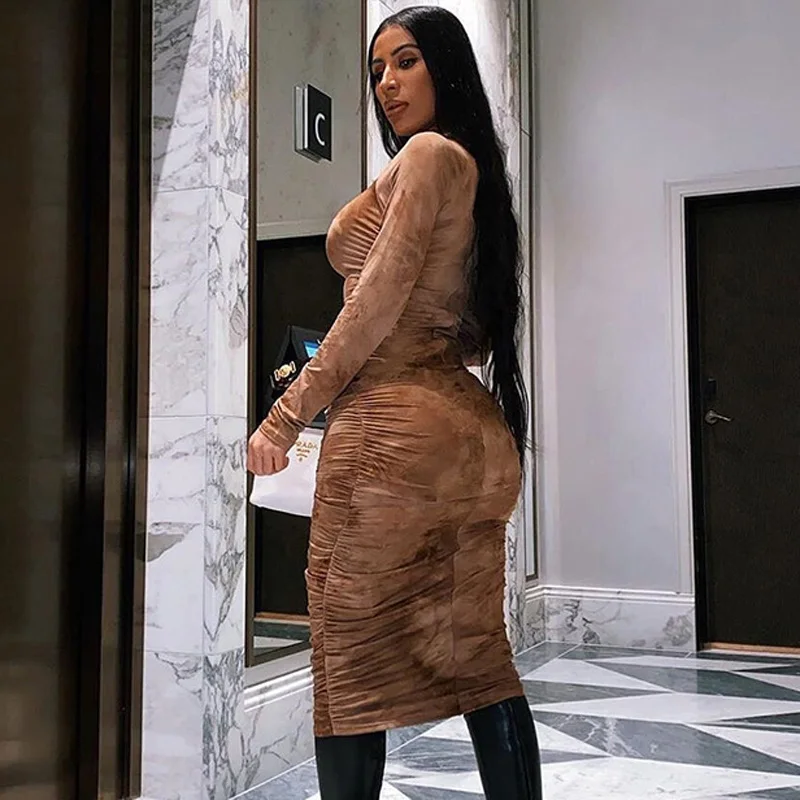 

High Waist Bodycon Dresses Spring Fall Women Elegant Long Sleeve Print Slim Midi Dress Lady Chic Ruched O Neck Dresses For 2021