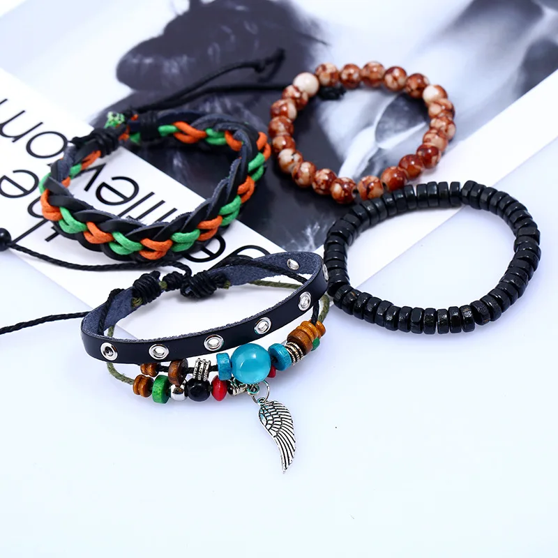 4pc Multilayer Genuine Leather Bracelet Set Feather Leaf Charms Wooded Beads Bracelets for Men Women Vintage Punk Wrap Wristband | Украшения