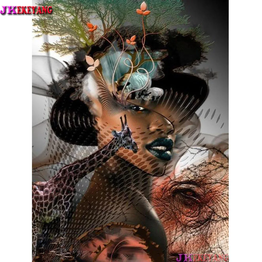 

Алмазная живопись 5D «сделай сам», картина квадратной/круглой формы с рисунком Африканской женщины и животных, вышивка крестиком декор из ал...