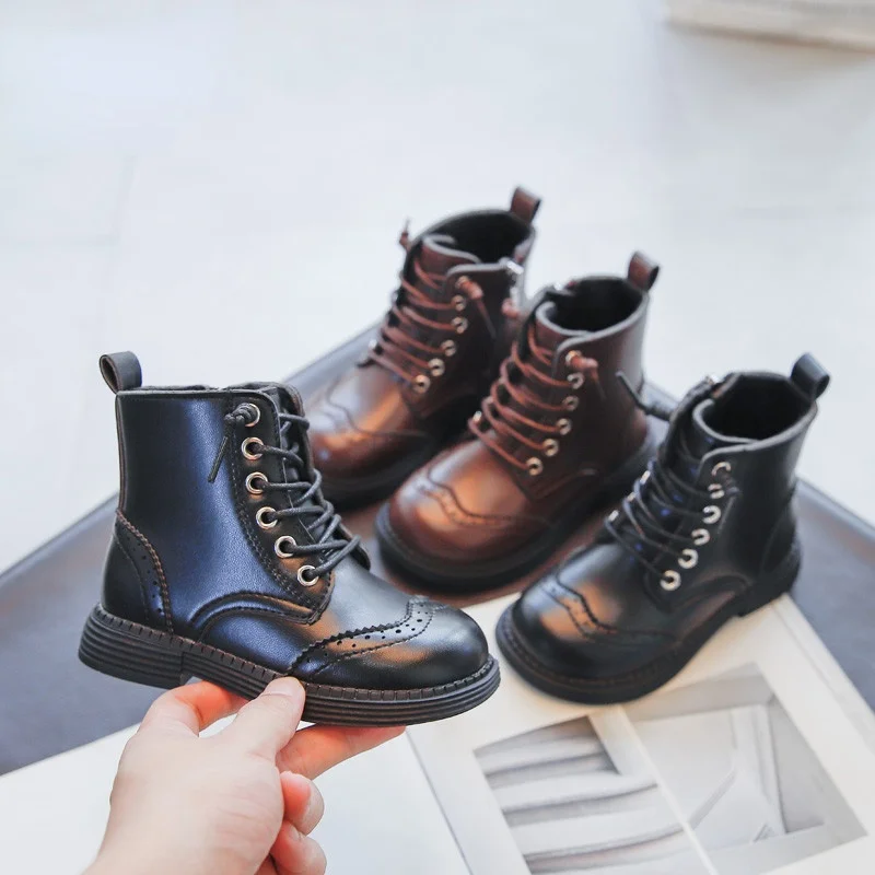 

Girl Retro Glossy Winter Children Warm Short Boots Waterproof Brown Round-toe Kids Boy Fashion Martin Boots 2021 New Low Heels