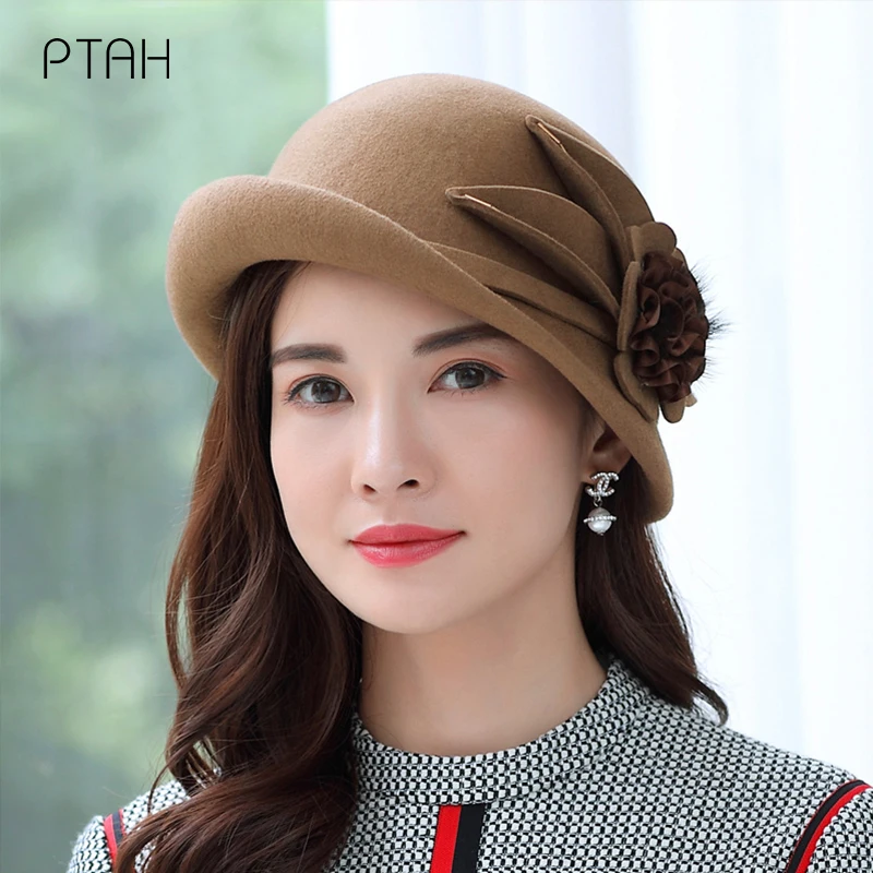 

[PTAH] Brand Fedoras Winter Autumn 100% Woolen Women Ladies Fedoras Top Jazz Hat European American Round Caps Casual Hats Party