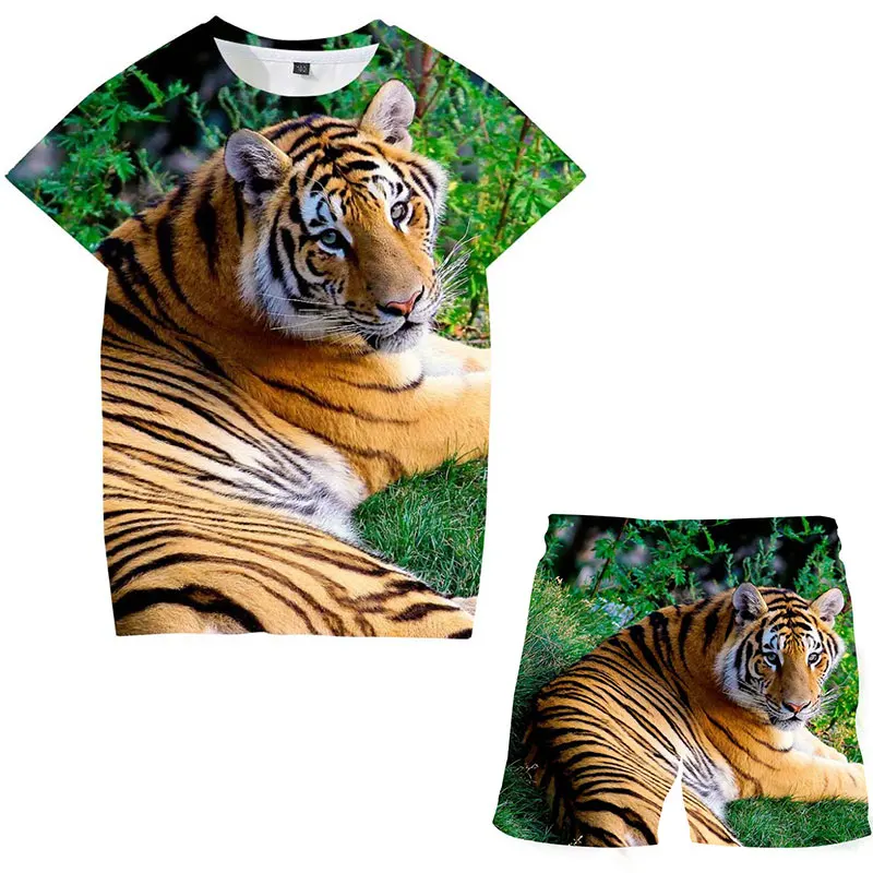 Tiger T Shirt Shorts Set 2021 Summer Children's Short-sleeved T-shirt Suit Boys And Girls Fashion Cartoon Pattern Clothes shorts | Детская
