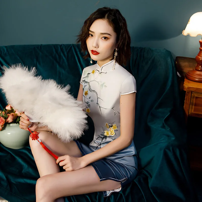 Sheng Coco градиент китайский Cheongsam короткие женские новые 3D Цветы Печать китайское платье Ципао Восточный стиль шелк Qi Pao
