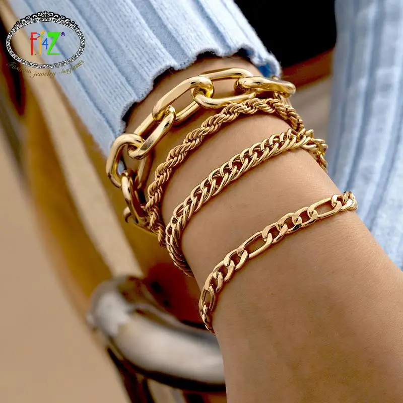 

F.J4Z New Bracelets for Women Fashion Hit-hop Thick Cross Cuban Chain + Twisted Chain Bangles Lady Summer pulseras joyas