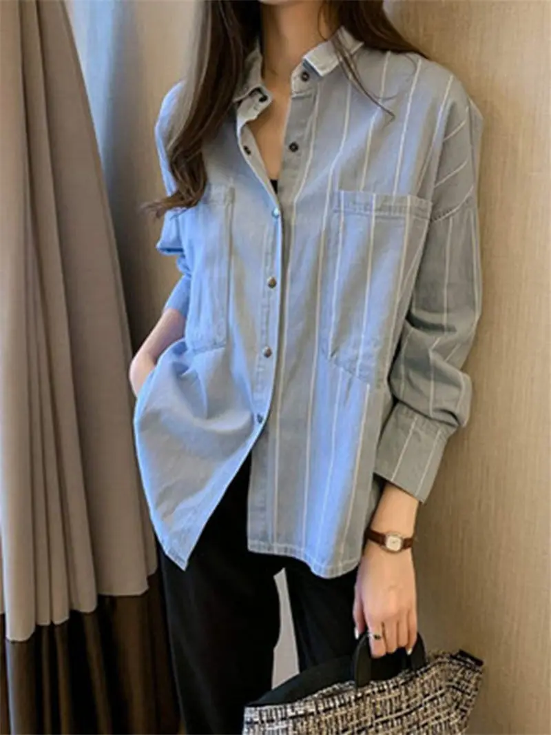 

Striped Denim Shirt Female Retro Long Sleeve 2020 Spring and Autumn New Mid-length Loose Casual Shirt Jeans Mujer Chaqueta R455
