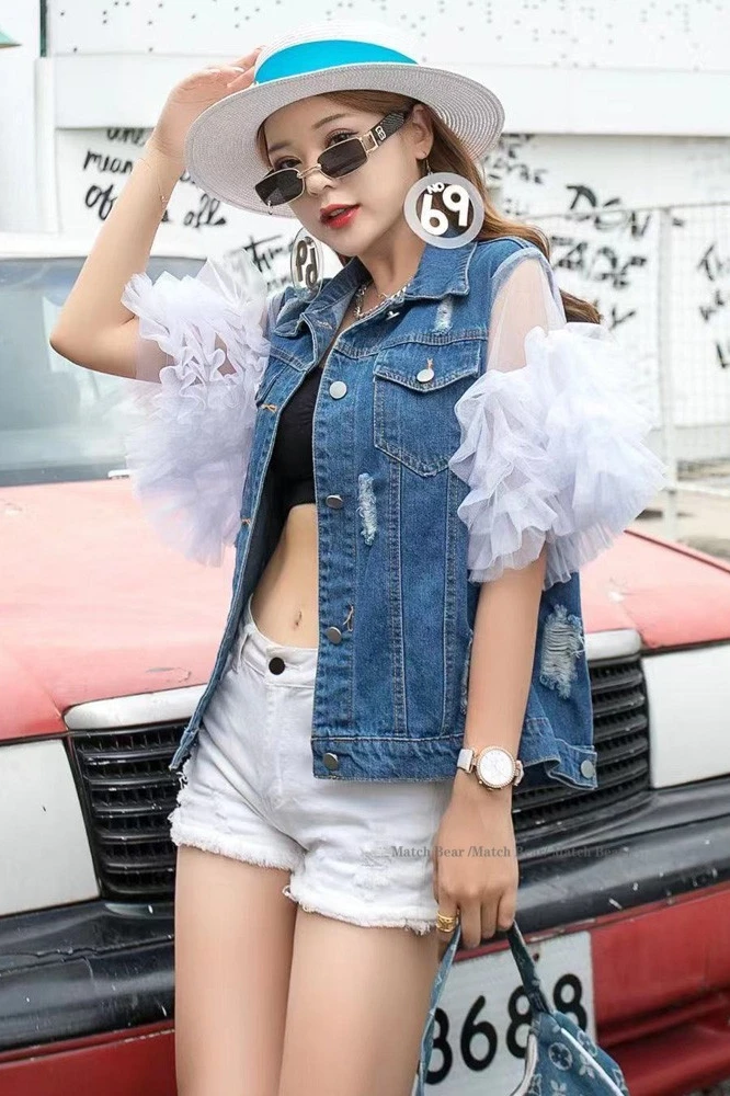 

QING MO Women Denim Jacket 2021 Summer Women Personality Off Back Coat Female Flare Sleeve Jacket Coat ZQY7331