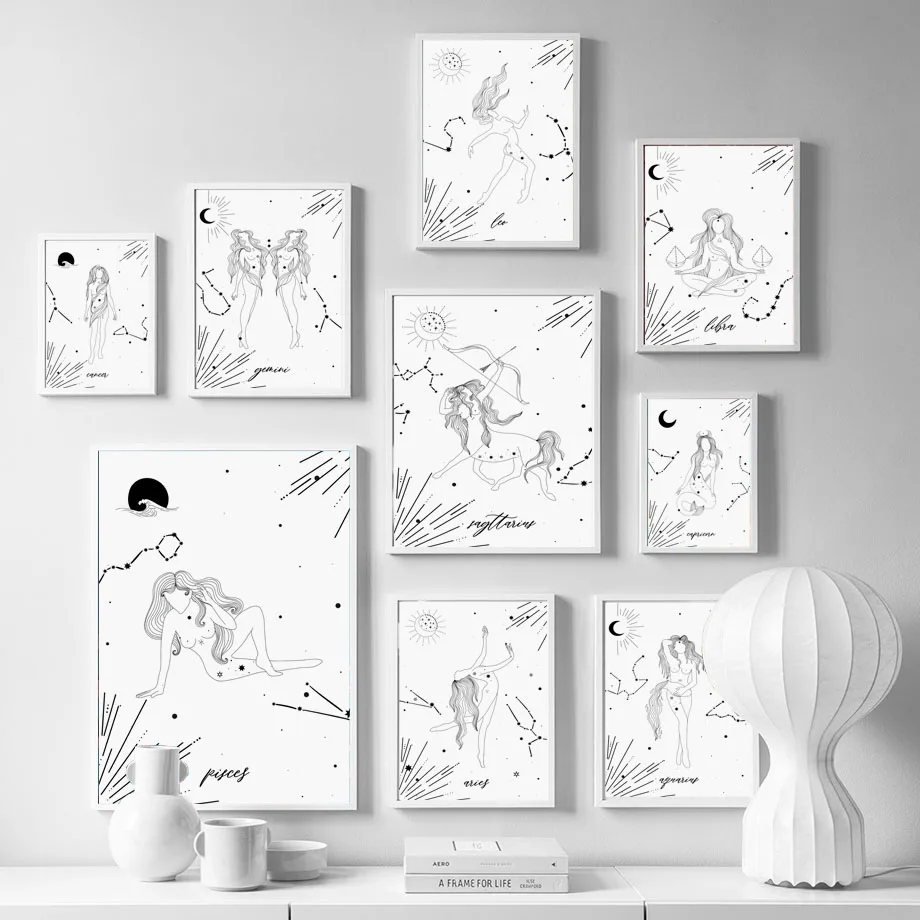

Zodiac Signs Guard Girl Black White Wall Art Canvas Painting Nordic Posters And Prints Wall Pictures For Living Room Home Decor