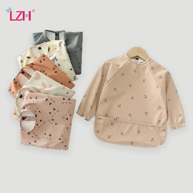 LZH 2021 Baby's Waterproof Bibs Anti-Dirty Baby Girls Boys Bib Cute Cartoons Baby Accessories Bib With Long Sleeves Kids Stuffs