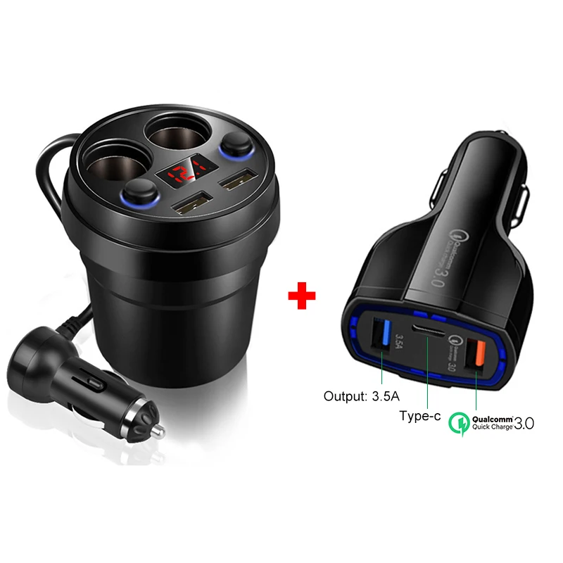 c 2in1black Автомобильное зарядное устройство, зарядное устройство для мобильного телефона, автомобильное зарядное устройство А, два USB, один на четыре прикуривателя, автомобильное зарядное устройство для iphone x, xiaomi, samsung, s10 - Тип штекера: c 2in1black