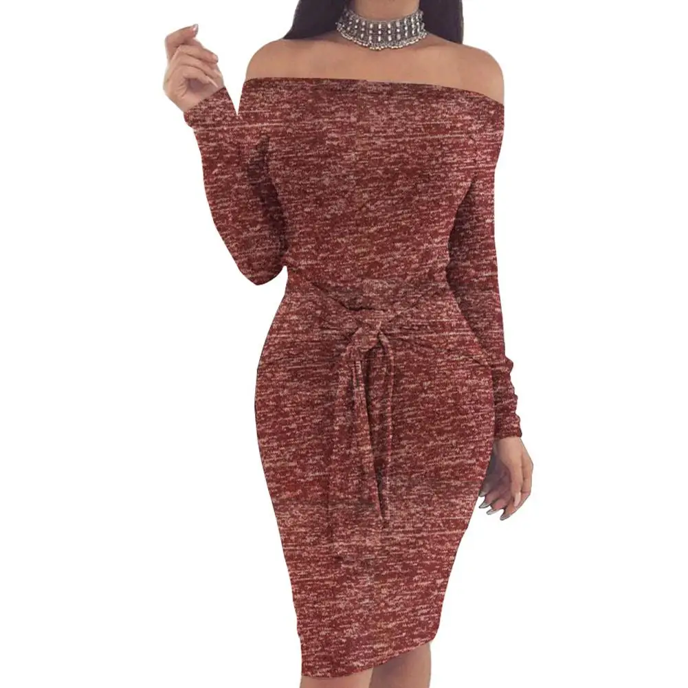 

Sexy Women Solid Color Off Shoulder Waist Bandage Slim Bodycon Knee-length Dress Off Shoulder Slim Bodycon Knee-length Dress