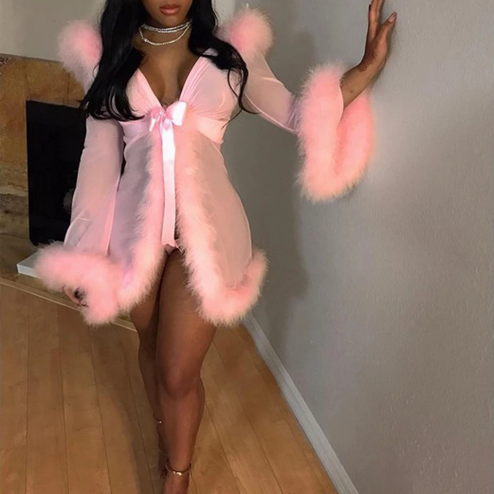 

3Pcs/Set Women Sexy Exotic Lingerie Long Sleeve Plush Perspective Robes + G-String Sets + Belt Underwear Babydolls