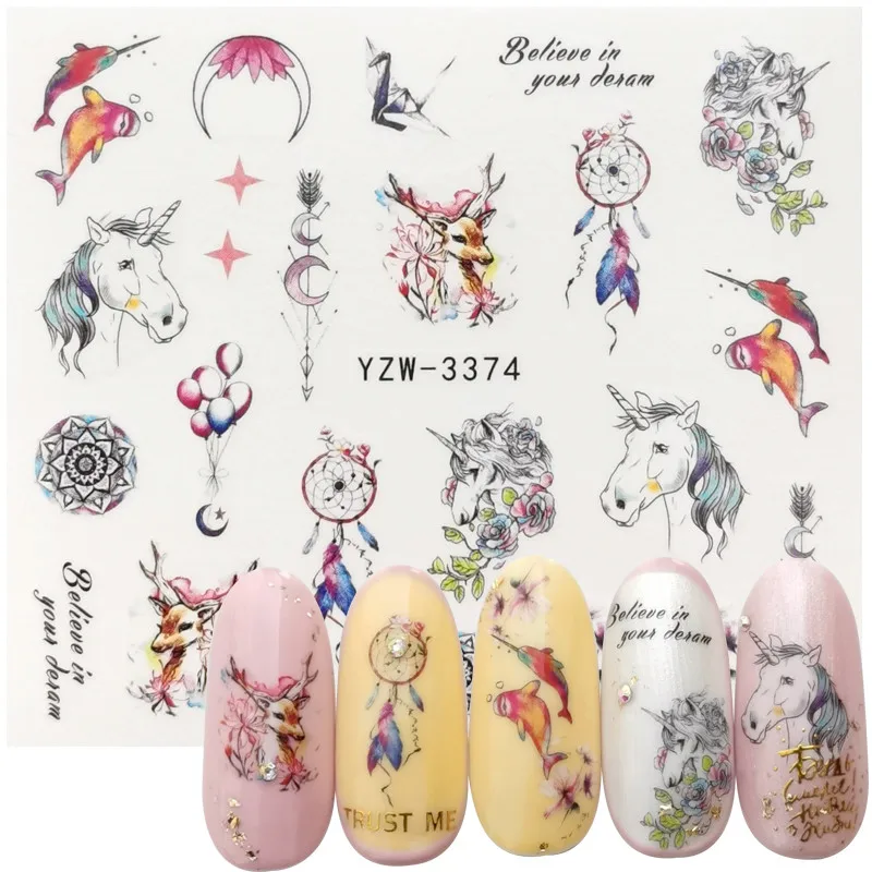

2023 New Designs Colorful Nail Water Decals Slider Dream Catcher Feather Balloon Unicorn Nail Wraps Watermark Tattoo Decor