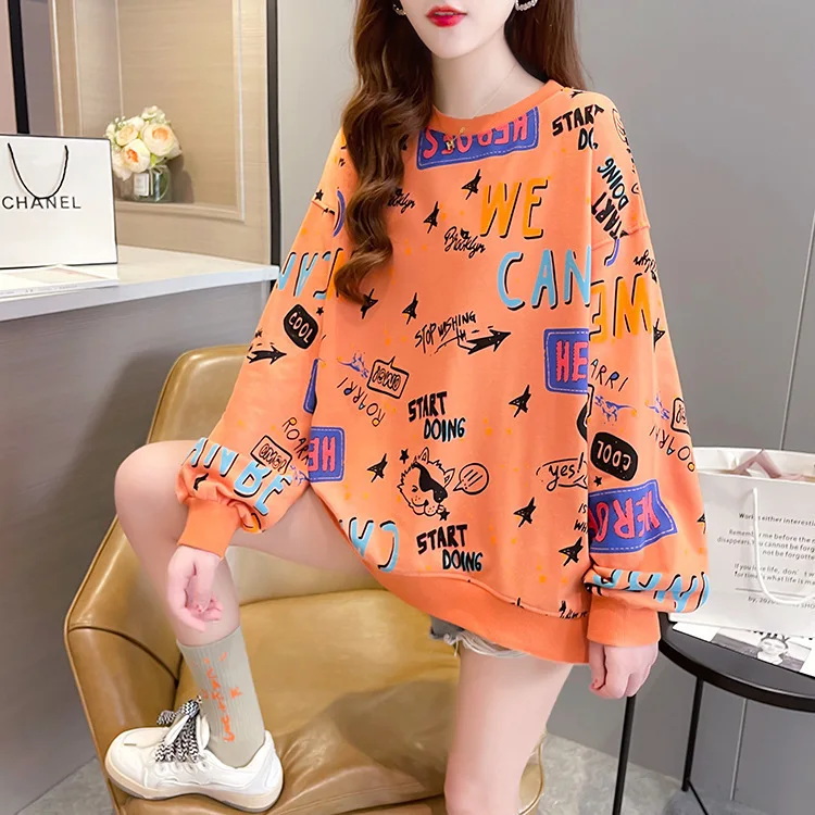 

2021 Autumn Korean New Women's Round Neck Loose Large Sweater Letter Printed Pullover Casual Sports Y2K Long Sleeve Sweater Ins