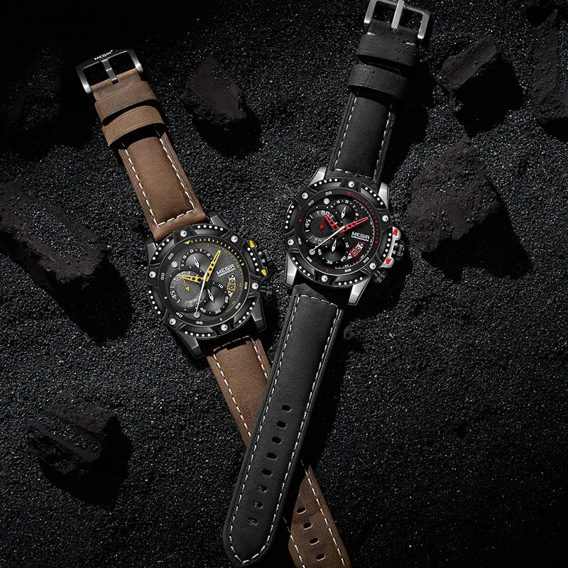 Часы MEGIR Мужские кварцевые с хронографом спортивные наручные кожаным ремешком