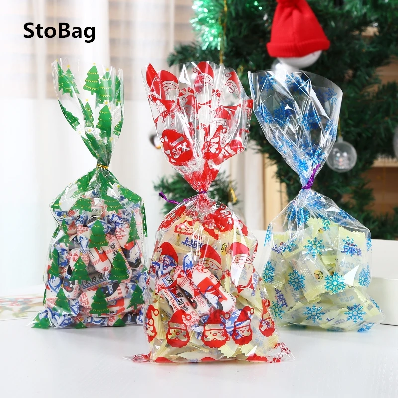 

StoBag 50pcs New Year Christmas Candy Packaging Bags Event & Party Celebrate Handmade Gift Supplies Top Open Bag With Gold Wires