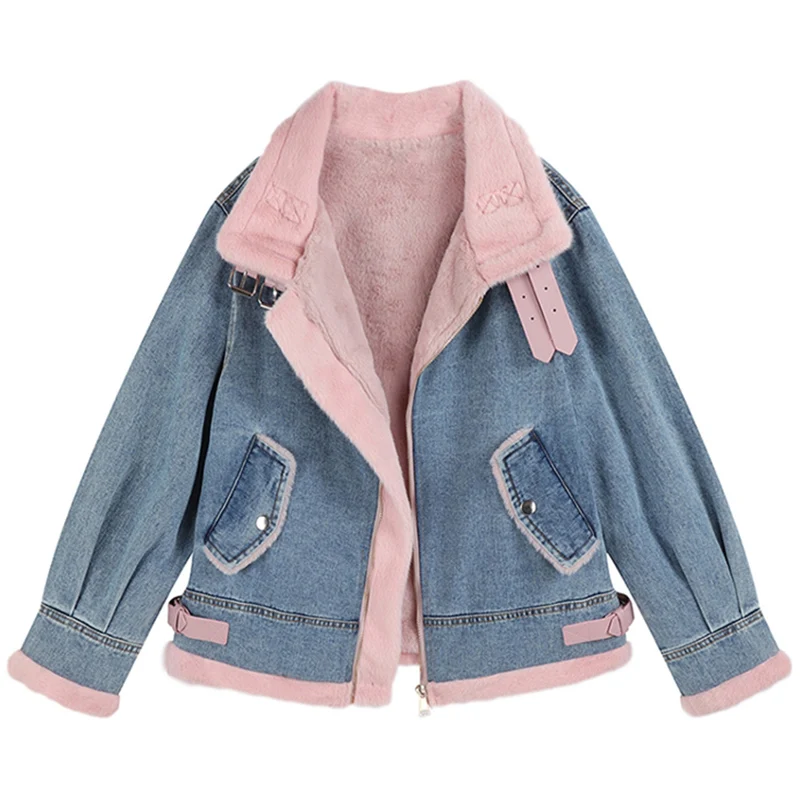 

2022 Women Lamb Wool Jean Jacket Vintage Fleece Denim Coat Winter Fashion Casual Sweet Warm Thickened Locomotive Lapel Jackets