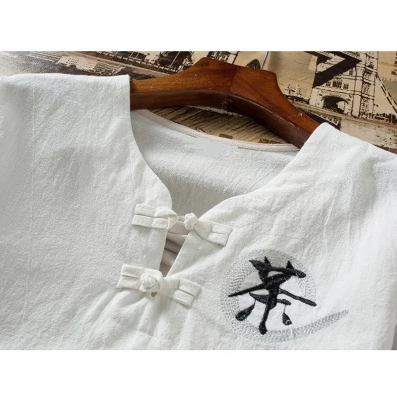 

New Fashion Chinese Style Men Cotton Linen Set Classic Summer Comfortable Breathable Embroidered T-shirt and Drawstring Trousers