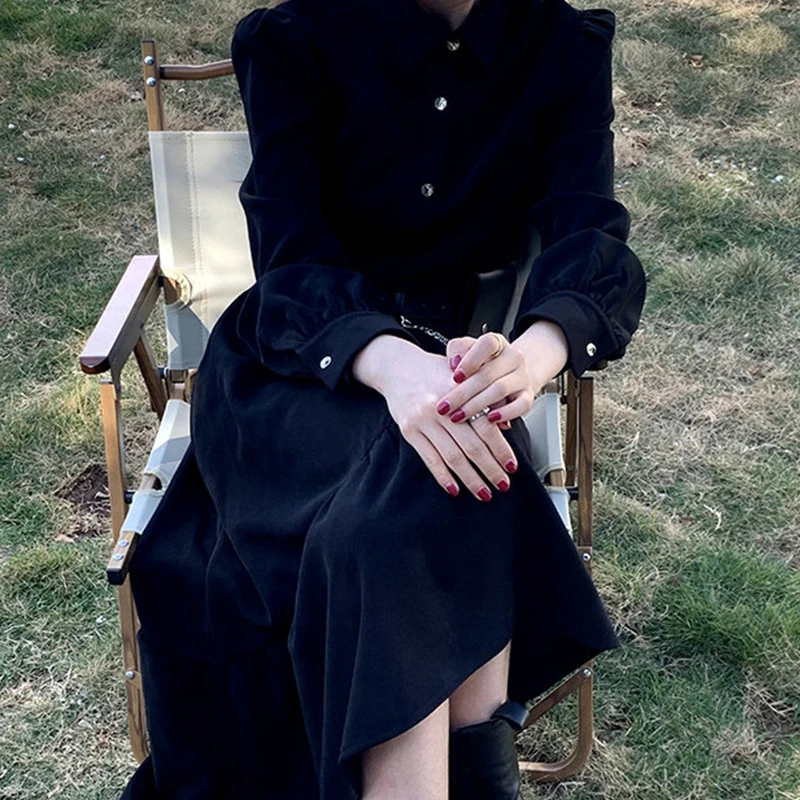 

Women black mid-length gentle wind dress autumn winter 2020 new design sense irregular lapel long sleeve street dress women#6591