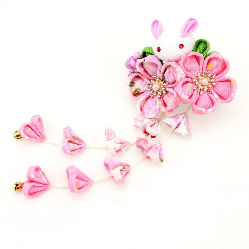 Pink With Rabbit Ручная работа Sakura Kanzashi заколки-крабы для волос орнамент Кристалл японский стиль аксессуары для кимоно Выпускной Свадебная церемония HW023 - Цвет: Pink With Rabbit