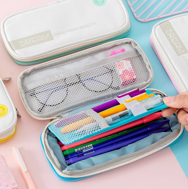 

Macaron Color Canvas Pencil Case Kawaii Stretch Double Layer Large Capacity Pencil Box Cute Kids School StationeryPencilcase