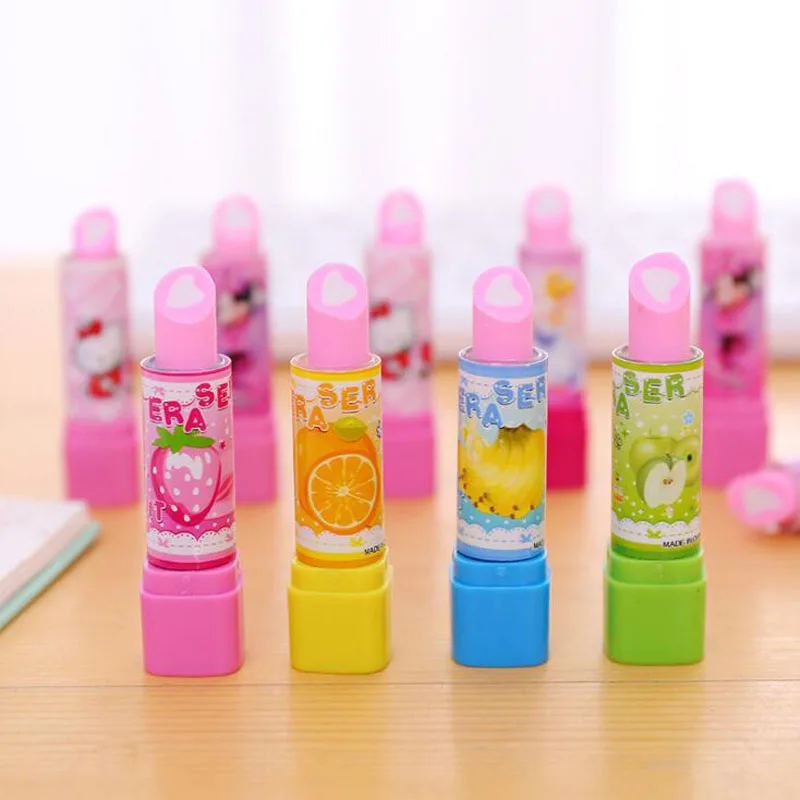 

1pc Lipstick Eraser Kawaii Lipstick Fruit Eraser Cartoon Style Creative For Kids Funny Erasers Korean Stationery School Supplies