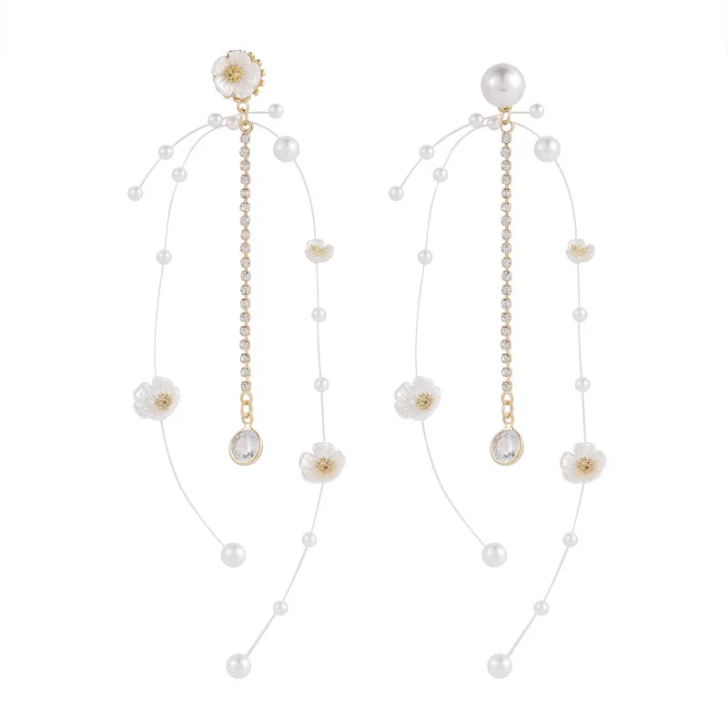

Shiny Rhinestone Imitation Pearl Long Tassel Earrings for Women Girls Alloy Resin Flowers Drop Earrings Wedding Jewelry Brincos