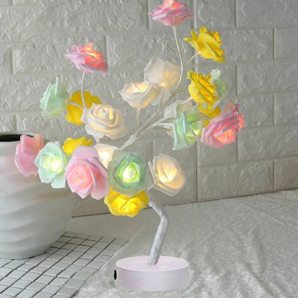 

White Pink Rose Flower Bedside Bedroom Night Light Table Lamp Home Decor Simulation Tree Christmas Wedding Party Decoration