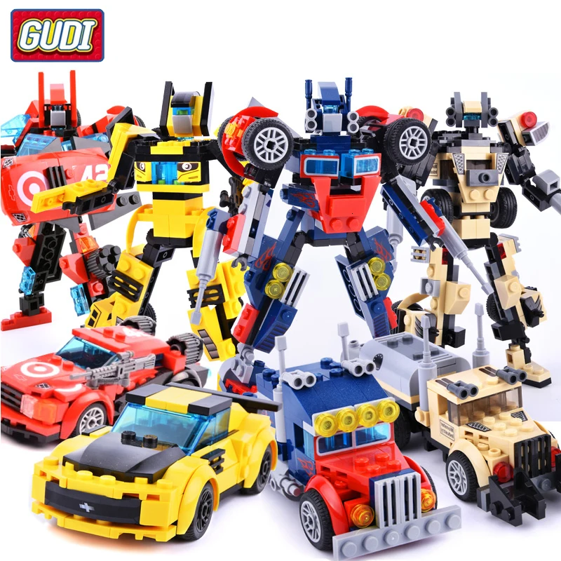 

4 шт./лот GUDI 4 в 1 превращающийся робот-автомобиль превращается в робот-создатель Строительные блоки мини-кирпичи набор игрушек мальчик подар...