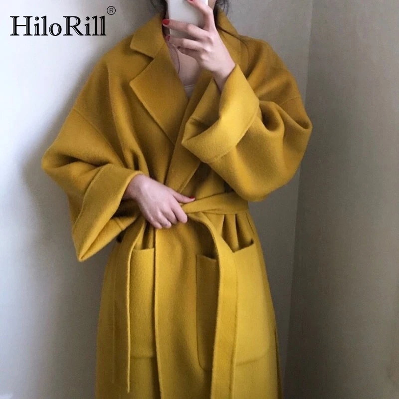 

HiloRill Chic Women Solid Long Wool Coat With Belt Batwing Long Sleeve Loose Pockets Coat Split Hem Stylish Ladies Overcoat