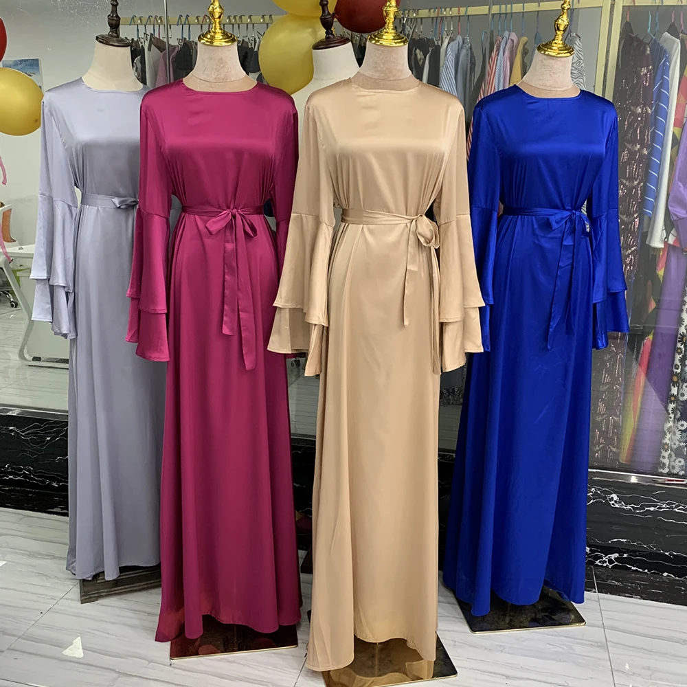 

Ramadan Eid Fashion Satinlike Dress Dubai Abaya Women Summer Long Flare Sleeve Hijab Dresses Muslim Islam Turkey Clothes Bronze