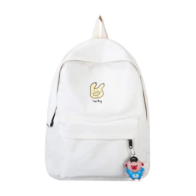 

College style cute girl piggy decoration canvas backpack simple solid color casual student school bag