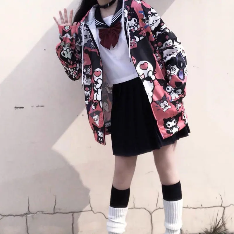 

2021 Autumn Thin Hoodies Cute Kpop Women Kawaii Harajuku Sweatshirts Japan Hip Hop Hoodie Pocket Casual High Street Zipper Tops