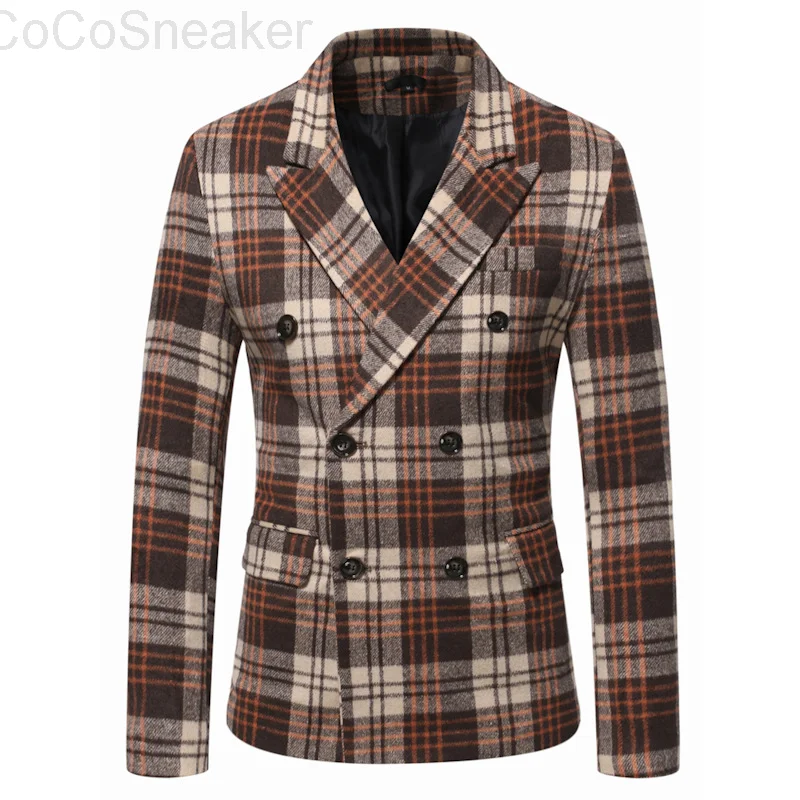 

autumn winter new gun Lapel double breasted casual men's Plaid suit coat