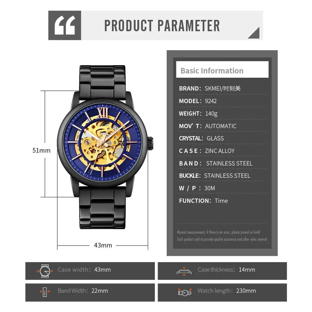 

SKMEI Charm Automatic Men Watch Hollow Dial Stainless Steel Strap Mechanical Mens Wristwatches Waterproof Hour reloj mujer 9242