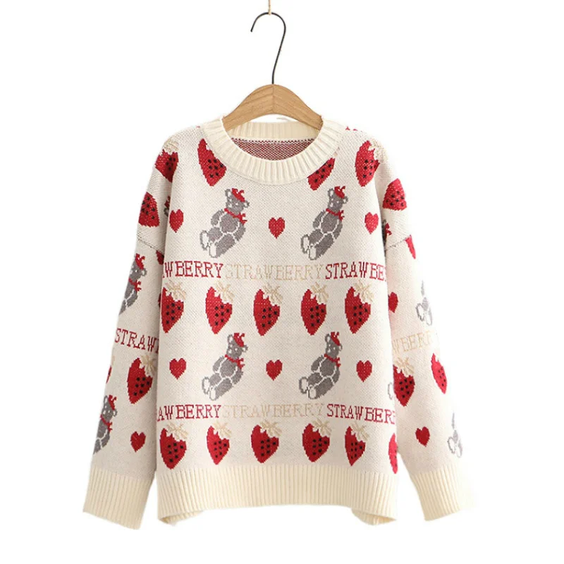 

Женский вязаный пуловер с рисунком клубники, Повседневный пуловер с длинными рукавами и круглым вырезом в Корейском стиле на зиму 2020